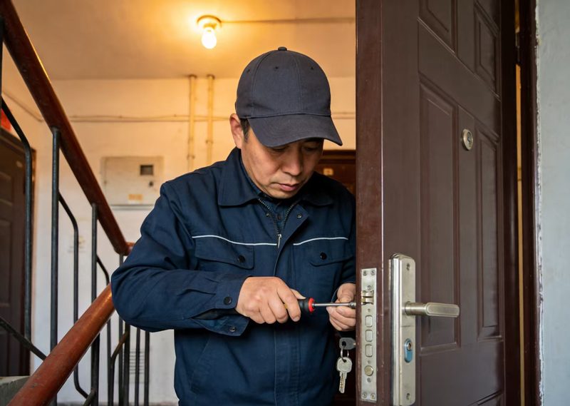 元氏县帮帮开锁师傅正在使用专业工具开启防盗门，24小时上门开锁服务